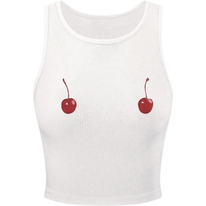 image:imageRoseSeek Womens Cherry Print Cropped Tank Top Scoop Neck Sleeveless Slim Fit Summer TopsWhite