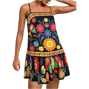 image:imageRoseSeek Womens Floral Boho Flowy Mini Cami Dress Ruffle Hem Spaghetti Strap Vacation Tank DressesBlack