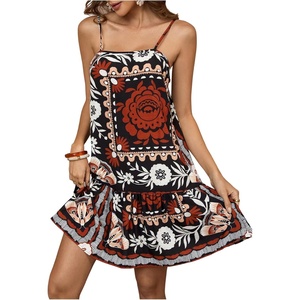 image:imageRoseSeek Womens Floral Boho Flowy Mini Cami Dress Ruffle Hem Spaghetti Strap Vacation Tank DressesMulticolor Black