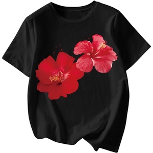 image:imageRoseSeek Womens Graphic Letter Tee Crew Neck Drop Shoulder Trendy Summer T Shirt Short Sleeve Vintage Car Print TopFloral Black
