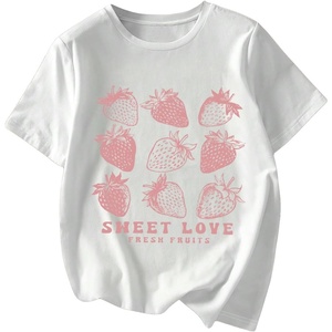 image:imageRoseSeek Womens Graphic Letter Tee Crew Neck Drop Shoulder Trendy Summer T Shirt Short Sleeve Vintage Car Print TopStrawberry Pink and White