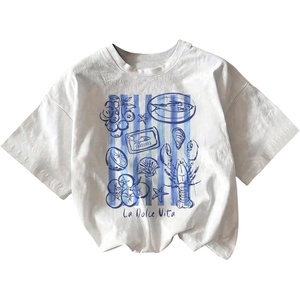 image:imageRoseSeek Womens Graphic Letter Tee Crew Neck Drop Shoulder Trendy Summer T Shirt Short Sleeve Vintage Car Print TopStriped White and Blue