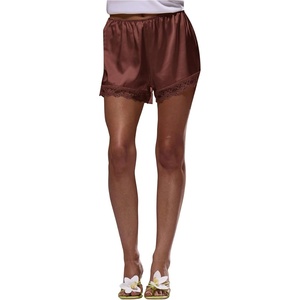 image:imageRoseSeek Womens Lace Trim Satin Shorts Shiny Elastic Waist Mini Shorts French KnickersBrown