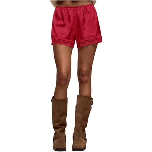 image:imageRoseSeek Womens Lace Trim Satin Shorts Shiny Elastic Waist Mini Shorts French KnickersRed