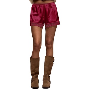 image:imageRoseSeek Womens Lace Trim Satin Shorts Shiny Elastic Waist Mini Shorts French KnickersWine Red