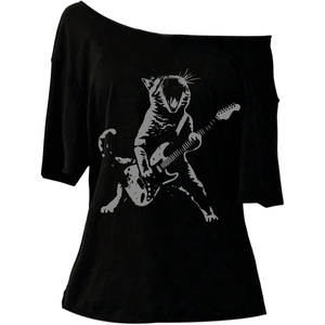 image:imageRoseSeek Womens Off The Shoulder Goth Graphic Tees Short Sleeve Asymmetrical Oversized Y2K T ShirtsAnimal Black