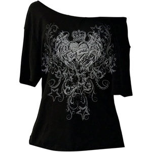 image:imageRoseSeek Womens Off The Shoulder Goth Graphic Tees Short Sleeve Asymmetrical Oversized Y2K T ShirtsBlack