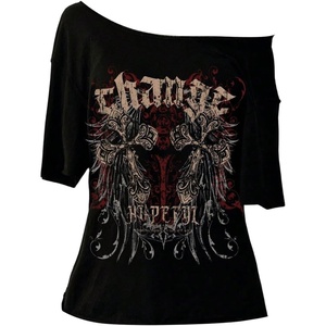 image:imageRoseSeek Womens Off The Shoulder Goth Graphic Tees Short Sleeve Asymmetrical Oversized Y2K T ShirtsBlack Graphic