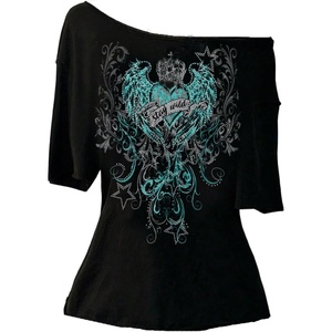 image:imageRoseSeek Womens Off The Shoulder Goth Graphic Tees Short Sleeve Asymmetrical Oversized Y2K T ShirtsBlack and Green