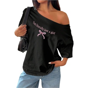 image:imageRoseSeek Womens Oversized Off Shoulder Graphic Tees  Short Sleeve Bow Letter Print T Shirts Y2K TopsBlack