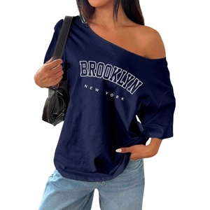 image:imageRoseSeek Womens Oversized Off Shoulder Graphic Tees  Short Sleeve Bow Letter Print T Shirts Y2K TopsDeep Blue Letter
