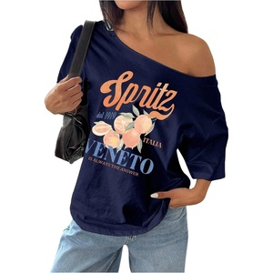image:imageRoseSeek Womens Oversized Off Shoulder Graphic Tees  Short Sleeve Bow Letter Print T Shirts Y2K TopsFloral Deep Blue