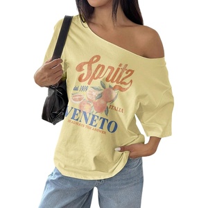 image:imageRoseSeek Womens Oversized Off Shoulder Graphic Tees  Short Sleeve Bow Letter Print T Shirts Y2K TopsOrange Yellow
