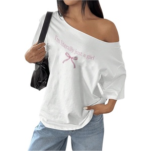image:imageRoseSeek Womens Oversized Off Shoulder Graphic Tees  Short Sleeve Bow Letter Print T Shirts Y2K TopsWhite