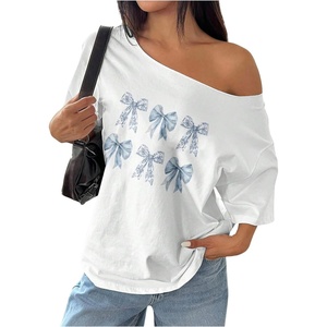 image:imageRoseSeek Womens Oversized Off Shoulder Graphic Tees  Short Sleeve Bow Letter Print T Shirts Y2K TopsWhite Bow