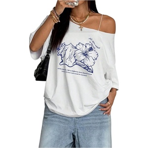image:imageRoseSeek Womens Oversized Off Shoulder Graphic Tees  Short Sleeve Bow Letter Print T Shirts Y2K TopsWhite Floral Blue