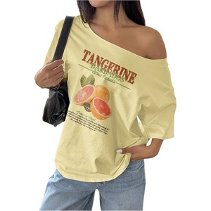 image:imageRoseSeek Womens Oversized Off Shoulder Graphic Tees  Short Sleeve Bow Letter Print T Shirts Y2K TopsYellow