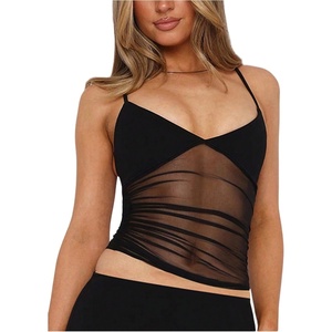 image:imageRoseSeek Womens Polka Dots Sheer Mesh Cami Tops Ruched V Neck Spaghetti Crop Top Summer Going Out TopsBlack