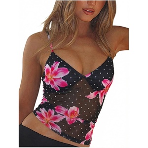 image:imageRoseSeek Womens Polka Dots Sheer Mesh Cami Tops Ruched V Neck Spaghetti Crop Top Summer Going Out TopsBlack Flower
