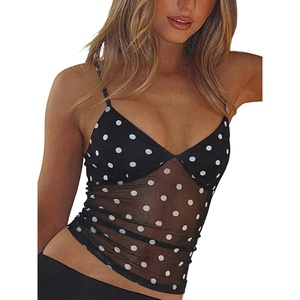 image:imageRoseSeek Womens Polka Dots Sheer Mesh Cami Tops Ruched V Neck Spaghetti Crop Top Summer Going Out TopsBlack and White