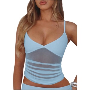 image:imageRoseSeek Womens Polka Dots Sheer Mesh Cami Tops Ruched V Neck Spaghetti Crop Top Summer Going Out TopsBlue
