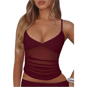 image:imageRoseSeek Womens Polka Dots Sheer Mesh Cami Tops Ruched V Neck Spaghetti Crop Top Summer Going Out TopsBurgundy