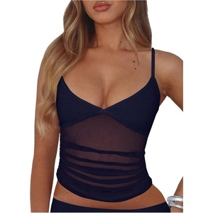 image:imageRoseSeek Womens Polka Dots Sheer Mesh Cami Tops Ruched V Neck Spaghetti Crop Top Summer Going Out TopsDeep Blue
