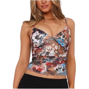 image:imageRoseSeek Womens Polka Dots Sheer Mesh Cami Tops Ruched V Neck Spaghetti Crop Top Summer Going Out TopsFloral Leopard