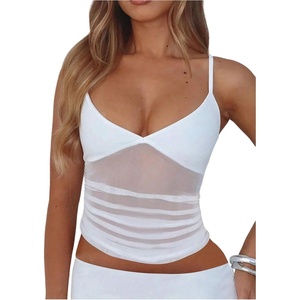image:imageRoseSeek Womens Polka Dots Sheer Mesh Cami Tops Ruched V Neck Spaghetti Crop Top Summer Going Out TopsWhite