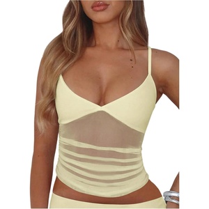 image:imageRoseSeek Womens Polka Dots Sheer Mesh Cami Tops Ruched V Neck Spaghetti Crop Top Summer Going Out TopsYellow