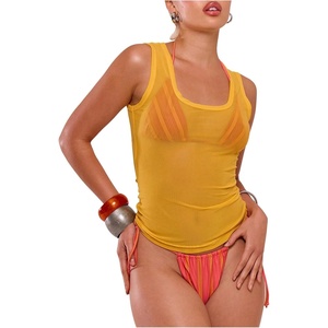 image:imageRoseSeek Womens Sheer Square Neck Tank Top Sleeveless Fitted Vacation Summer Tops Basic ShirtYellow