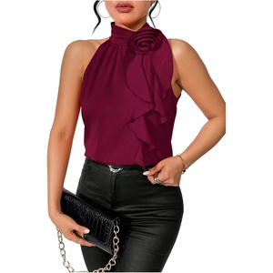 image:imageRoseSeek Womens Summer Halter Tops Floral Appliques Sleeveless Work Shirts Blouses for Women Dressy CasualPure Burgundy