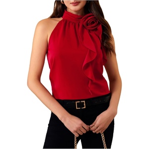 image:imageRoseSeek Womens Summer Halter Tops Floral Appliques Sleeveless Work Shirts Blouses for Women Dressy CasualRed