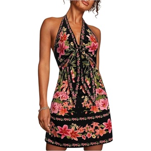image:imageRoseSeek Womens Tropical Floral Backless Halter Dresses Cut Out Knot Front Sleeveless Vacation Short DressBlack