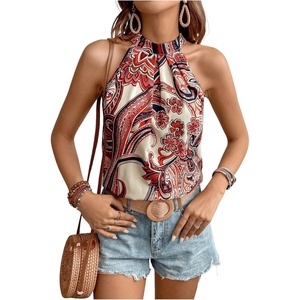 image:imageRoseSeek Womens Tropical Paisley Print Halter Blouse Sleeveless Boho Shirt Tops Button Back Vacation TopsApricot