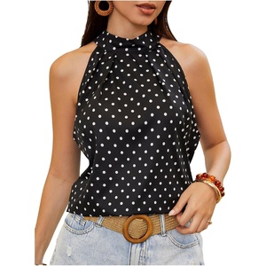 image:imageRoseSeek Womens Tropical Paisley Print Halter Blouse Sleeveless Boho Shirt Tops Button Back Vacation TopsBlack Dots