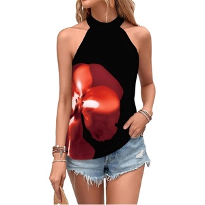 image:imageRoseSeek Womens Tropical Paisley Print Halter Blouse Sleeveless Boho Shirt Tops Button Back Vacation TopsBlack and Red