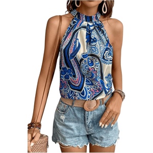 image:imageRoseSeek Womens Tropical Paisley Print Halter Blouse Sleeveless Boho Shirt Tops Button Back Vacation TopsBlue