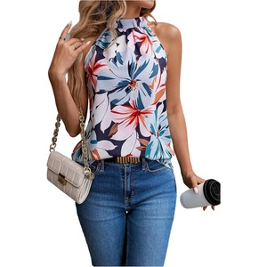 image:imageRoseSeek Womens Tropical Paisley Print Halter Blouse Sleeveless Boho Shirt Tops Button Back Vacation TopsBlue and Red