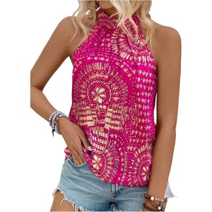 image:imageRoseSeek Womens Tropical Paisley Print Halter Blouse Sleeveless Boho Shirt Tops Button Back Vacation TopsDeep Pink