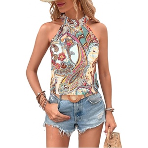 image:imageRoseSeek Womens Tropical Paisley Print Halter Blouse Sleeveless Boho Shirt Tops Button Back Vacation TopsMint Green