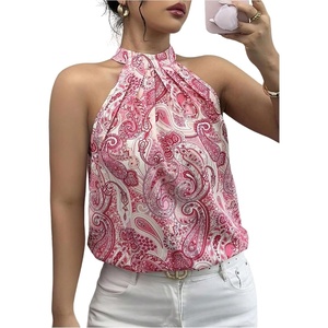 image:imageRoseSeek Womens Tropical Paisley Print Halter Blouse Sleeveless Boho Shirt Tops Button Back Vacation TopsMix Pink