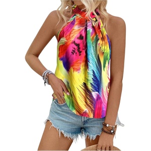 image:imageRoseSeek Womens Tropical Paisley Print Halter Blouse Sleeveless Boho Shirt Tops Button Back Vacation TopsPurple Yellow
