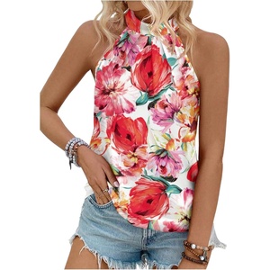 image:imageRoseSeek Womens Tropical Paisley Print Halter Blouse Sleeveless Boho Shirt Tops Button Back Vacation TopsRed and White