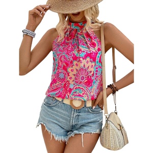 image:imageRoseSeek Womens Tropical Paisley Print Halter Blouse Sleeveless Boho Shirt Tops Button Back Vacation TopsSolid Hot Pink
