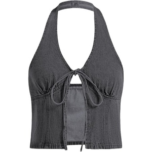 image:imageRoseSeek Womens Y2K Denim Halter Tops Sleeveless Bowknot Split Hem Tank Top Going Out ClothesLight Black