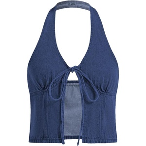 image:imageRoseSeek Womens Y2K Denim Halter Tops Sleeveless Bowknot Split Hem Tank Top Going Out ClothesLight Blue