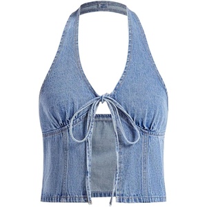 image:imageRoseSeek Womens Y2K Denim Halter Tops Sleeveless Bowknot Split Hem Tank Top Going Out ClothesLight Wash