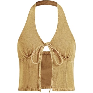 image:imageRoseSeek Womens Y2K Denim Halter Tops Sleeveless Bowknot Split Hem Tank Top Going Out ClothesYellow