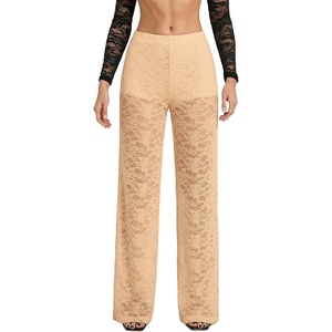 image:imageRoseSeek Womens Y2K Floral Lace See Through Pants Sheer Straight Leg Long Pants Club WearApricot